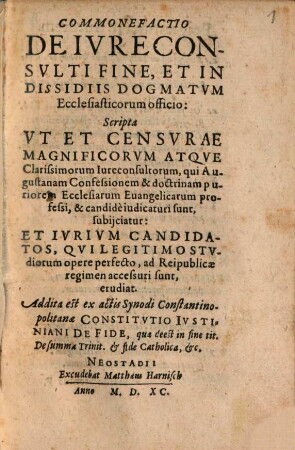 Commonefactio de jureconsulti fine, et in disidiis Dogmatum Ecclesiasticorum Officio