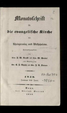 Monatsschrift für die evangelische Kirche der Rheinprovinz und Westphalens/1850