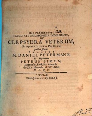 De clepsydra veterum disquisitionem primam