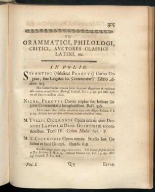 VII. Grammatici, Philologi, Critici, Avctores Classici Latini, etc.