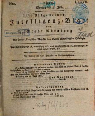 Allgemeines Intelligenz-Blatt der Stadt Nürnberg. 1820,2 = Jg. 73, Juli - Dez.