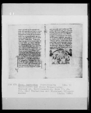 Doppelblatt aus einem Evangelistar, fol. 2v-1, Textseiten mit Miniatur: Pfingstwunder