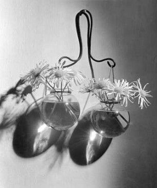 Blumen und Blüten in diversen Vasen. Gemswurzblüten? in einem gläsernen Kugelvasenpaar, an einem Metallbügel an der Wand hängend