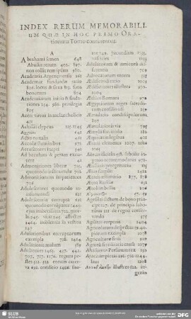 Index Rerum Memorabilium Quae In Hoc Primo Orationum Tomo continentur