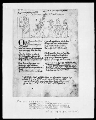 Sammelhandschrift des Augsburgers Sigismund Gossenbrot, mit eingefügtem Totentanzgedicht — Predigtdarstellung mit Papst, Kardinal, Abt und Bischof als Zuhörer, Folio 14recto