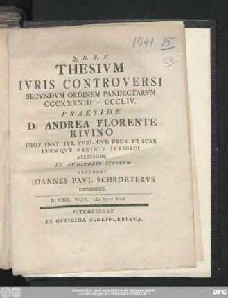 Thesivm Ivris Controversi Secvndvm Ordinem Pandectarvm CCCXXXXIII - CCLIV.