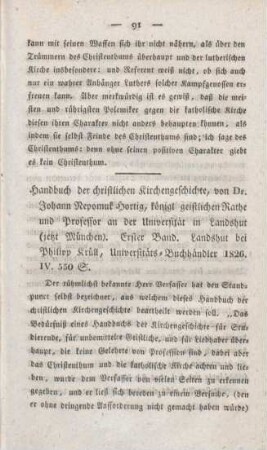 91-104 [Rezension] Hortig, Johann Nepomuk, Handbuch der christlichen Kirchengeschichte, 1