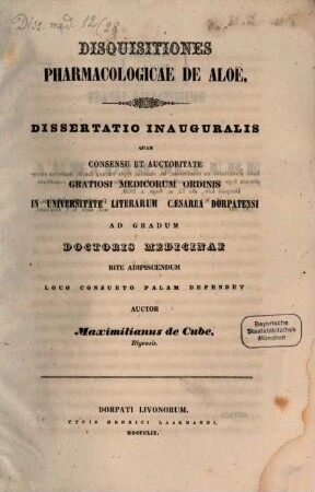 Disquisitiones pharmacologicae de aloë : Diss. inaug.