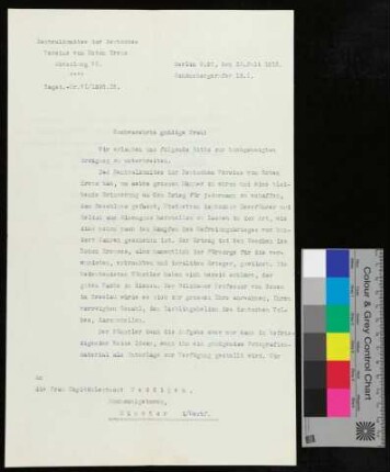 Bitte um Zusendung von Bildmaterial, damit Statuetten von deutschen Helden hergestellt werden können. Das Bildmaterial soll an Professor von Gosen in Breslau geschickt werden.