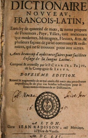 Dictionaire nouveau François-Latin