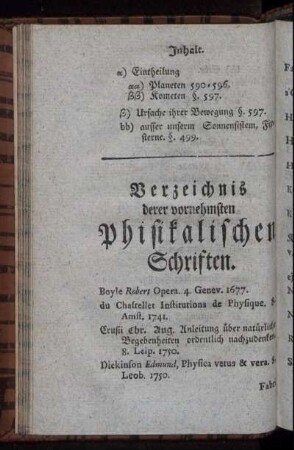 Verzeichnis derer vornehmsten Phisitalischen Schriften.