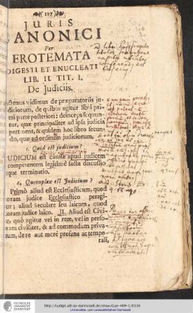 JURIS CANONICI Per EROTEMATA DIGESTI ET ENUCLEATI LIB. II. TIT. I. De Judiciis.