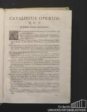 Catalogus Operum, quae in Primo Tomo continentur.