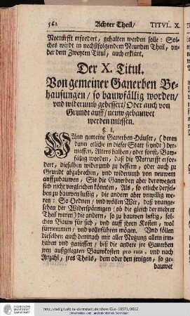 Der X. Titul. Von gemeiner Ganerben Behausung so bauwfällig worden und widerumb gebessert Oder auch von Grundt auff neuw gebauwet werden müssen