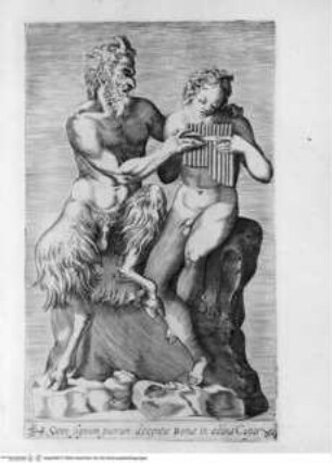 Antiquarum statuarum urbis Romae, quae in publicis privatisque locis visuntur, icones. Romae. Ex typis Laurentii Vaccarii... MDLXXXIIII., Tafel [38]: Satiri signum puerum docentis Romae in aedibus Cesys (nach der Antike)