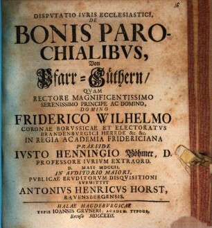 Disp. iuris eccl. de bonis parochialibus, von Pfarr-Güthern