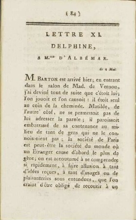 Lettre XI. Delphine A M.lle D'Albémar. 4 .Mai