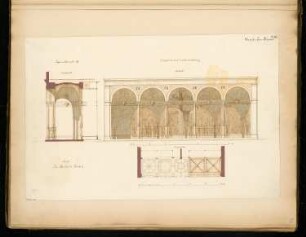 Schaufenstereinrichtung (Basar) Monatskonkurrenz November 1869: Grundriss, Deckenuntersicht, Aufriss Straßenansicht, Querschnitt; 2 Maßstabsleisten