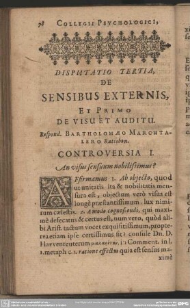 Disputatio Tertia, De Sensibus Externis, Et Primo De Visu Et Auditu