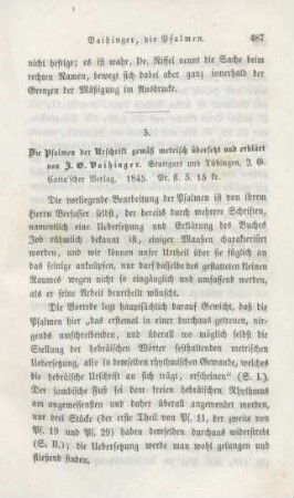 487-496 [Rezension] Vaihinger, J. G., Die Psalmen der Urschrift gemäß metrisch übersetzt und erklärt