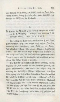 487-496 [Rezension] Vaihinger, J. G., Die Psalmen der Urschrift gemäß metrisch übersetzt und erklärt