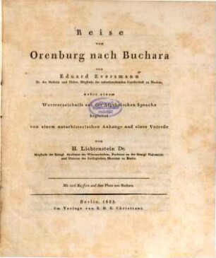 Reise von Orenburg nach Buchara : nebst einem Wortverzeichniss der Afgahnischen Sprache ; mit 2 Kupfern und dem Plane von Buchara