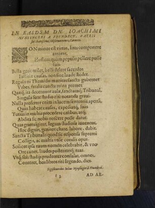 In Easdem Dn. Ioachimi Mynsingeri a Frundeck, Patris sui charißimi, Observationes, Carmen.