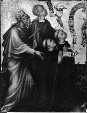 Votivbild : Votivbild. Tempera auf Tannenholz (um 1425-1430; Meister des Londoner Gnadenstuhls). Zwei Stifter (Benediktinermönche) mit ihren Schutzheiligen Andreas und Johannes