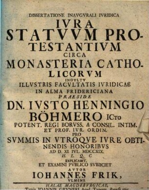 Dissertatione inaugurali iuridica iura statuum protestantium circa monasteria catholicorum