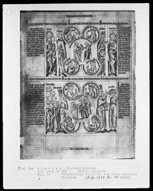 Biblia pauperum — Bildseite mit zwei Gruppen typologischer Szenen, Folio 5verso