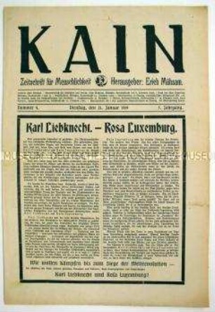 Linksradikale Wochenzeitung "Kain" mit einem Nachruf auf Karl Liebknecht und Rosa Luxemburg
