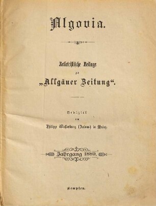 Algovia : belletristische Unterhaltungsbeilage. 1889 = Jg. 10