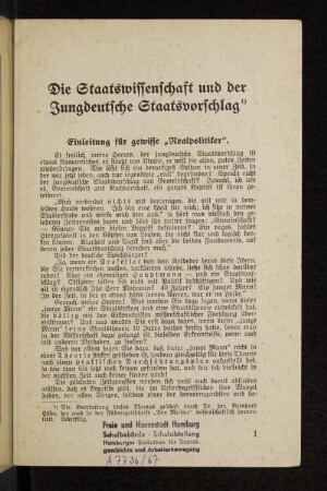 Die Staatswissenschaft und der Jungdeutsche Staatsvorschlag : das Jungdeutsche Manifest und die Volksnationale Aktion