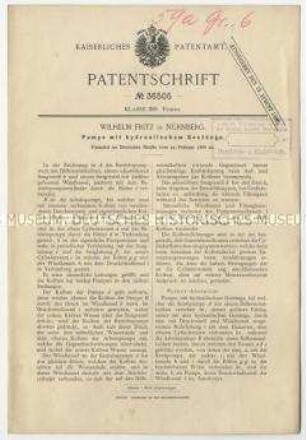 Patentschrift einer Pumpe mit hydraulischem Gestänge, Patent-Nr. 36505