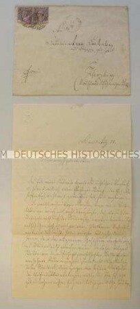 Brief von Moritz Degen an Anna Lindenberg, mit Briefumschlag, Briefmarken und Poststempeln; Leipzig, 1. Aug. 1858