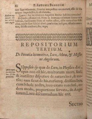 Repositorium Tertium. De Potentia locomotiva, Loco, Motu, & Missione Angelorum.