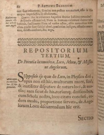 Repositorium Tertium. De Potentia locomotiva, Loco, Motu, & Missione Angelorum.