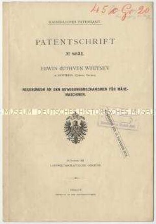 Patentschrift über Neuerungen an den Bewegungsmechanismen für Mähmaschinen, Patent-Nr. 8031
