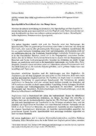 Sprachpolitik in Deutschland oder: der Mangel daran. Beitrag zur Annual Conference of the European Federation of National Institutions for Language, Stockholm 10.-13.10.2003