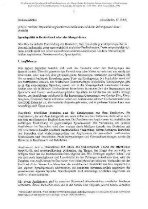 Sprachpolitik in Deutschland oder: der Mangel daran. Beitrag zur Annual Conference of the European Federation of National Institutions for Language, Stockholm 10.-13.10.2003