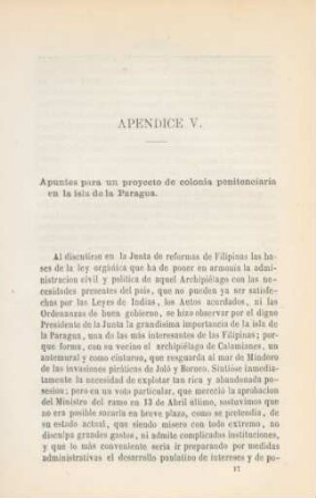 Apéndice V. Apuntes para un proyecto de colonia penitenciaria en la isla la Paragua