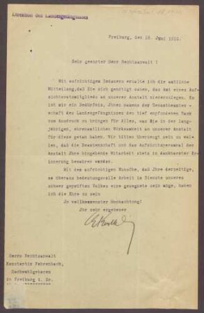Rücktritt von Constantin Fehrenbach vom Vorsitz des Aufsichtsrates des Landesgefängnisses Freiburg