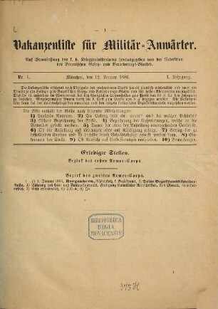 Vakanzenliste für Militär-Anwärter. 1. 1886