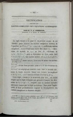 Rectification relative aux racines complexes des équations algébriques.