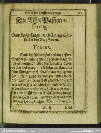 Die Achte Passions-Predigt. Vom Lobgesange, und Gange Christi uber den Bach Kidron
