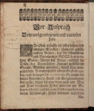 Vor-Ansprach Dem wolgewogenen und curiosen Leser.