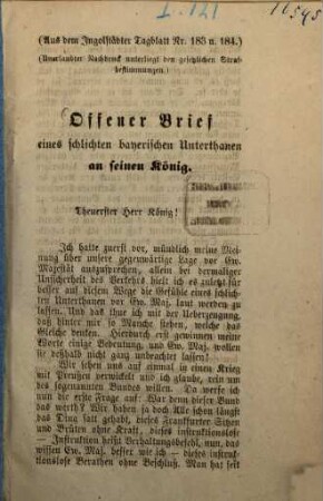Offener Brief eines schlichten bayerischen Unterthanen an seinen König