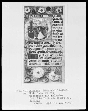 Gebetbuch mit Kalender — Initiale O mit Susanna am Brunnen, Folio 214recto
