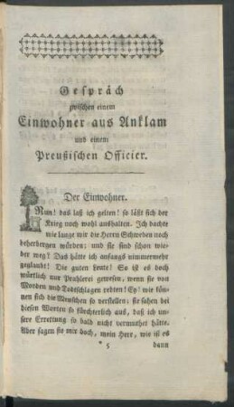 Gespräch zwischen einem Einwohner aus Anklam und einem Preußischen Officier