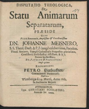 Disputatio Theologica, De Statu Animarum Separatarum